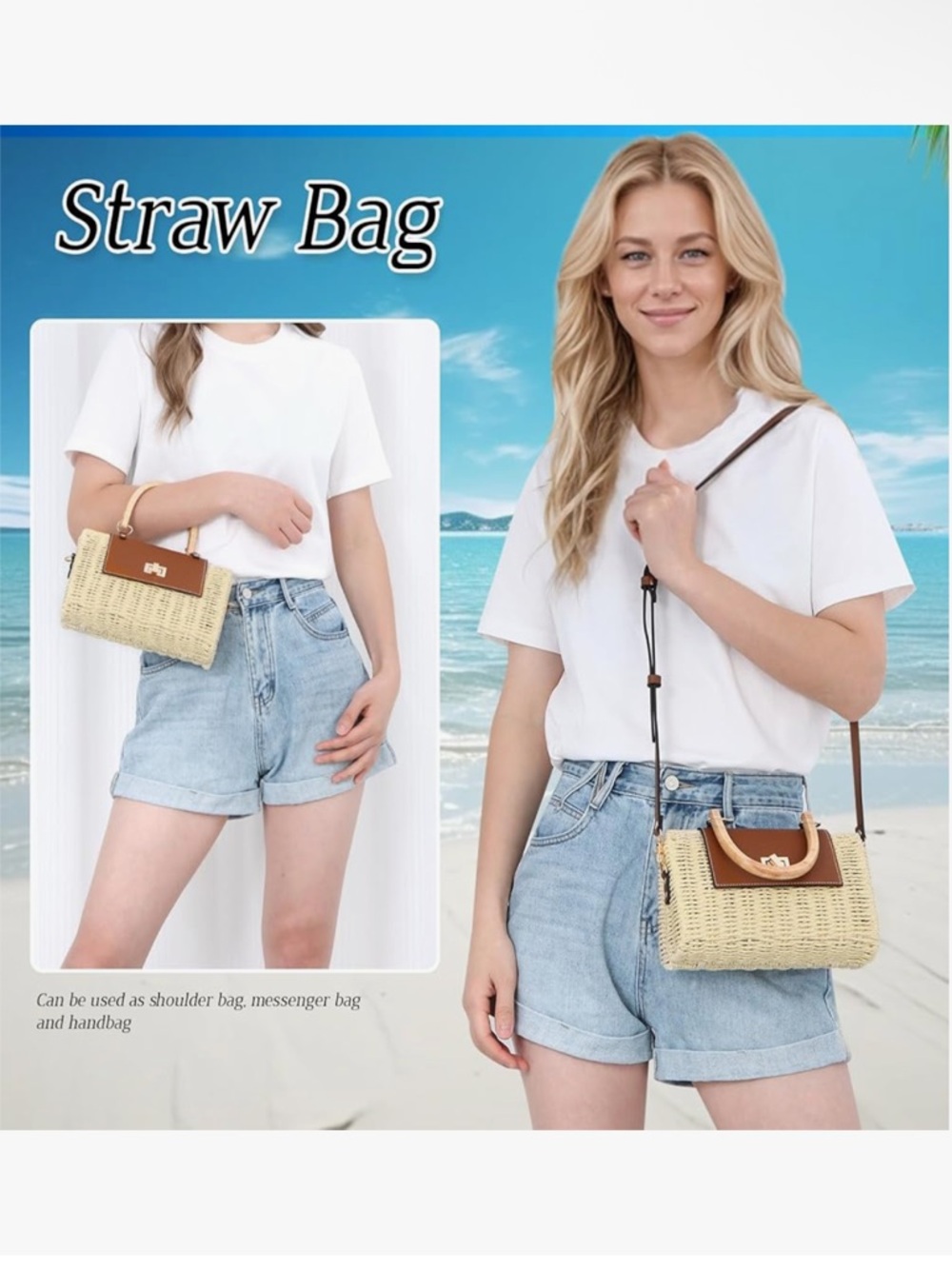 Woven Straw Crossbody with Brown Leather Flap and Top Handle - Picture 2 of 7